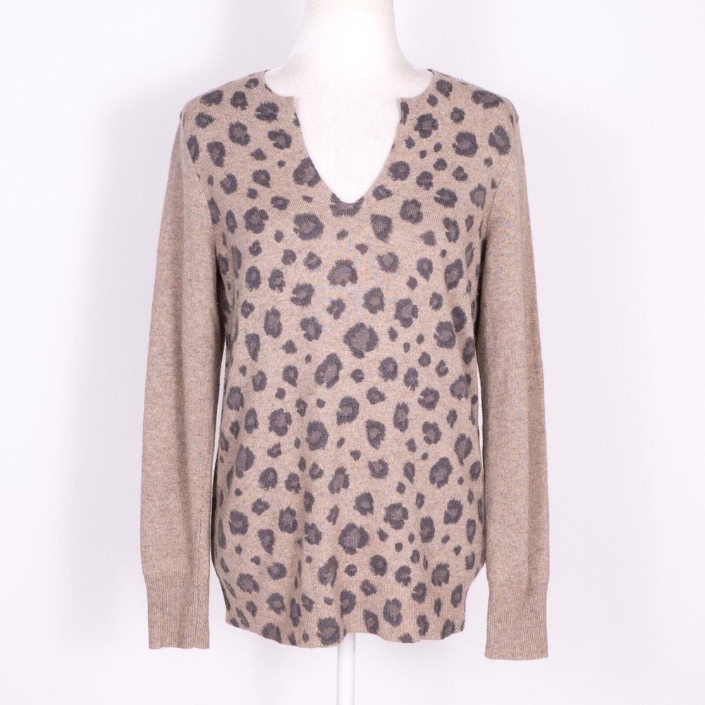Rebecca Taylor Merino Wool Blend Beige Leopard Print V-Neck Sweater Top SZ M